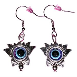 Blue Evil Eye Bead In Lotus Flower Stainless Steel Charm Dangle Silver Earrings